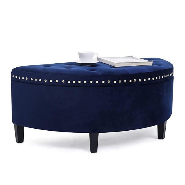 Homebeez 43.5" Half Moon Storage Ottoman Bench, Lift Top Velvet Storage Ottoman Bench for Bedroom Living Room (Navy Blue)