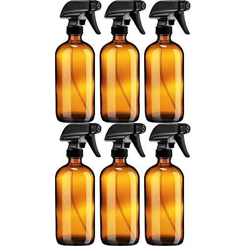 Sally's Organics Empty Amber Glass Spray Bottle - Large 16 oz Refillable Container for Essential Oils, Cleaning Products, or Aromatherapy - Black Trigger Sprayer w/Mist and Stream Settings - 6 Pack