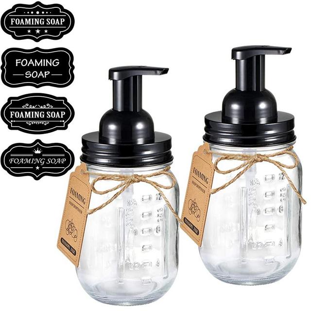 Mason Jar Foaming Soap Dispenser - Rustproof Stainless Steel Lid / BPA Free Pump,With Labels - Rustic Farmhouse Decor Hand Soap Dispenser for Bathroom Vanities,Kitchen Sink,Countertops,Black,2-Pack