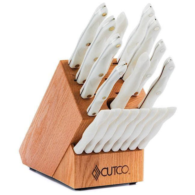 CUTCO HOMEMAKER 2018 PEARL Knife set 18 pc + Cutting Board + Honey Oak Wood Block