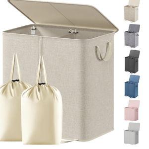 Lifewit Double Laundry Hamper with Lid and Removable Laundry Bags, Large Collapsible 2 Dividers Dirty Clothes Basket with Handles for Bedroom Laundry Room Closet Bathroom College, 136L Beige