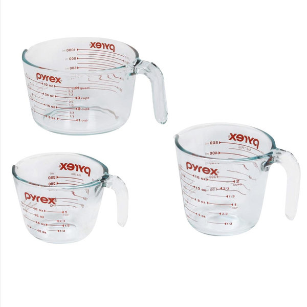 Pyrex Essentials (3-Pack) Glass Measuring Cups Set, (1, 2 & 4 Cup) Measuring Cups For Prepping, Baking and Cooking, Preheated Oven, Dishwasher, Freezer, and Microwave Safe