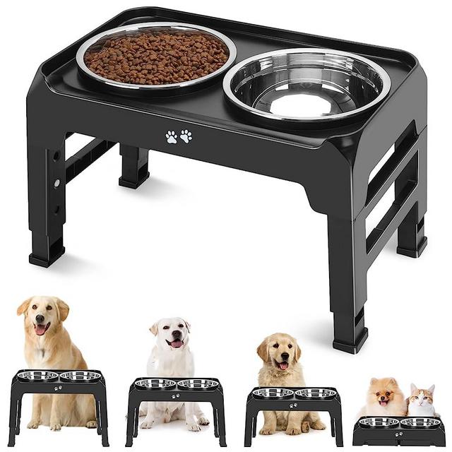 Elevated Dog Bowls, 4 Height Adjustable Raised Dog Bowl Stand with 2 Thick 50oz Stainless Steel Dog Food Bowls Non-slip Dog Feeder for Large Small Medium Dogs Adjusts to 3.2", 8.7", 10.2", 11.8" Black