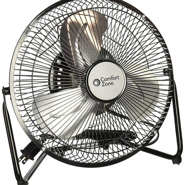 Comfort Zone 9 inch Cradle Fan, 3 Speed Floor or Table Fan with180 Degree Tilt, Metal Construction and Aluminum Blades, Carry Handle, Rubber Feet, Ideal for Bedroom, Workshop, or Garage, Black