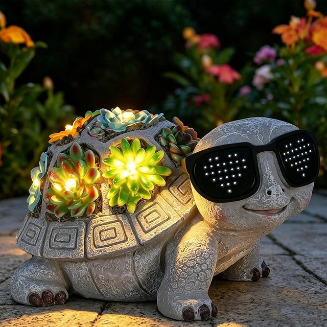 Pawatee Unique Solar Garden Turtle Statue with I Love You LED Sunglasses and Succulent LED Lights, Lawn Decor Tortoise Figurine for Patio, Balcony Yard Ornament for Mom, Women & Grandma