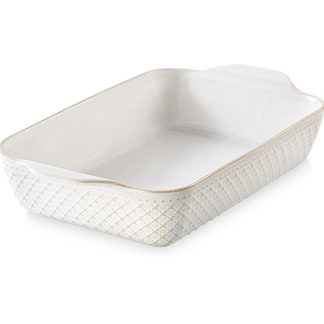DOWAN 9x13 Deep Lasagna Baking Dish, Ceramic Casserole Dish for Oven, 4 Quarts Embossed Baking Pan with Handles, Oven Safe Bakeware for Roasting, Desserts, Durable & Giftable, Arctic White