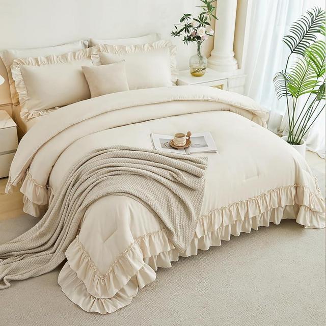 ANGIYUIN Beige Ruffle Comforter Set King Size 5 Pieces Solid Farmhouse Boho Bed in A Bag Soft Lightweight Fluffy Shabby Bedding Set with Sheet Sets for Women(Beige King)