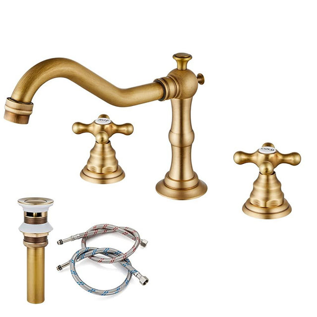 Bathroom Sink Faucet Widespread Double Cross Knobs Antique Brass 3 Hole Mixing Tap Deck Mount with Pop Up Drain