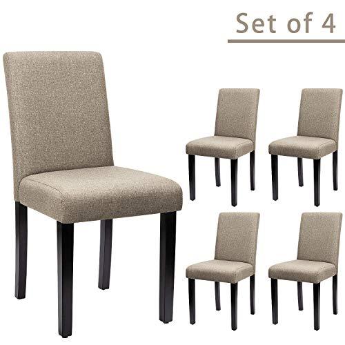 Furniwell Dining Chairs Fabric Upholstered Parson Urban Style Kitchen Side Padded Chair with Solid Wood Legs Set of 4 (Beige)