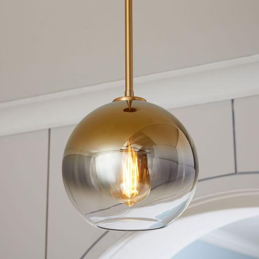 Sculptural Glass Globe Pendant, Small Globe, Gold Ombre Shade, Brass Canopy