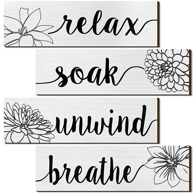 4 Pieces Farmhouse Bathroom Wall Decors Relax Soak Unwind Breathe Bathroom Signs Rustic Bathroom Wall Arts Vintage Wooden Decorations for Home Laundry Room Bathroom (White)