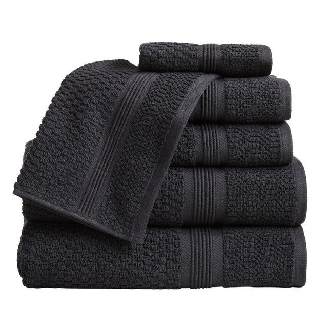 Market & Place 6pc Cotton Textured Quick Dry Bath Towel Set Black