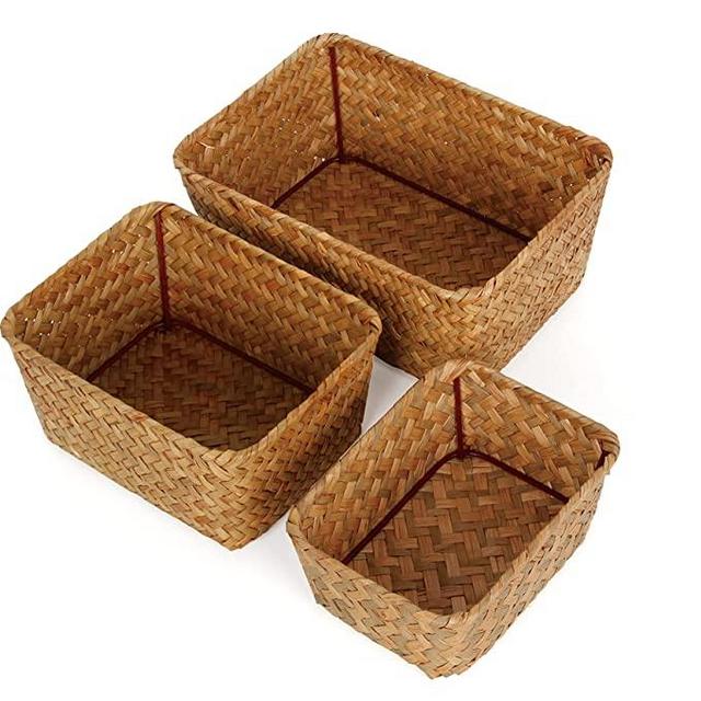 FEILANDUO Shelf Baskets Wicker Storage Baskets for Organizing Shelves Rattan Woven Basket Mini Organizer Bathroom Decorative Set of 3 (Small)
