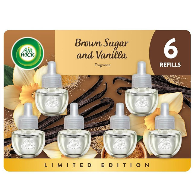 Air Wick Plug In Scented Oil Refill, Infused with Essential Oils, Plug In Air Fresheners for Home, Brown Sugar & Vanilla, 6 ct