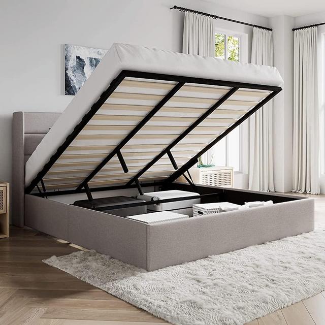 SHA CERLIN King Size Lift Up Storage Bed / Wingback Headboard / Upholstered Platform Bed Frame / No Box Spring Needed / Wood Slats Support / Light Beige