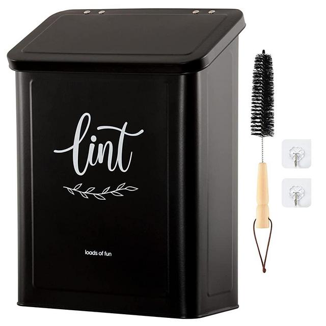 Perfnique Magnetic Lint Bin for Laundry Room with Lint Brush, Wall Mounted Lint Holder Trash can with lid for Dryer, Modern Farmhouse Rustic Metal Laundry Room Storage Organization and Decor(Black)