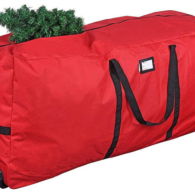 ProPik Christmas Rolling Tree Storage Bag, Fits Up to 9 Ft Tall Disassembled Trees, 28" X 16.5" X 60", Extra Large Heavy Duty Storage Container with Wheels & Handles, 600D Oxford (Red)
