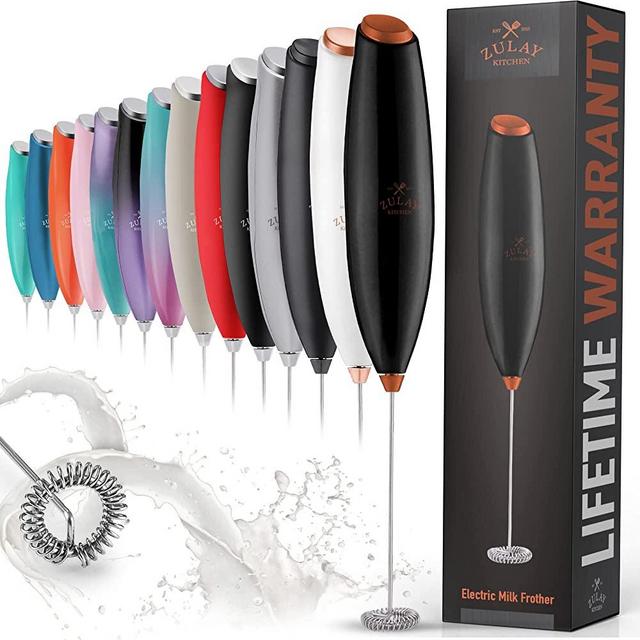 Zulay Powerful Milk Frother for Coffee with Upgraded Titanium Motor - Handheld Frother Electric Whisk, Milk Foamer, Mini Mixer and Coffee Blender Frother for Latte, Matcha, No Stand - Black/Copper