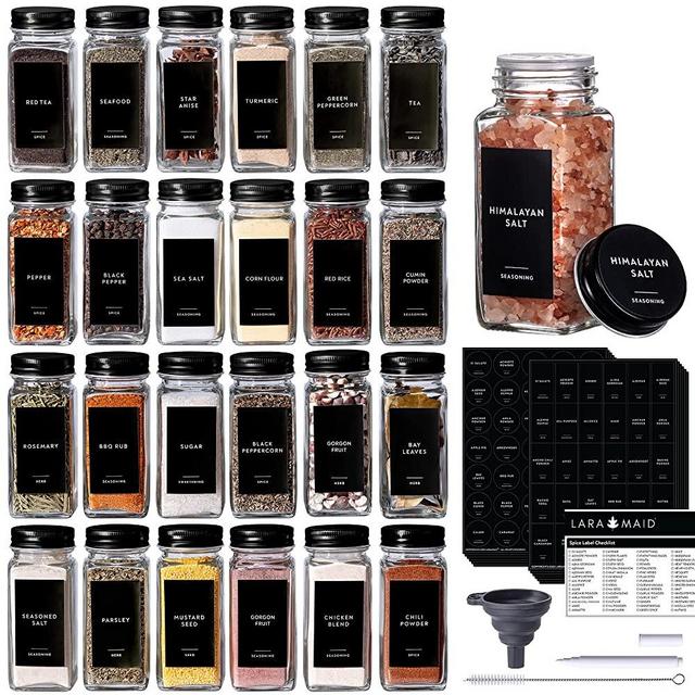 Laramaid 4oz 24Pack Spice Jars with 372 Minimalist Black Vinyl Spice Labels, Shaker Lids Dispenser with Airtight Black Metal Caps, White Chalk Marker, Cleaning Brush and Collapsible Silicone Funnel Complete Set