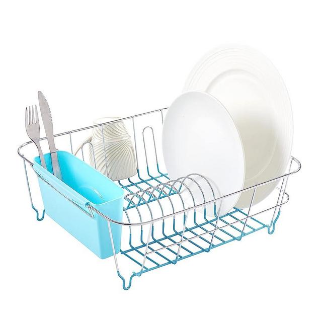 Sweet Home Collection 2 Piece Dish Drying Rack Set Drainer with Utensil Holder Simple Easy to Use Fits in Most Sinks, 14.5" x 13" x 5.25", Turquoise Blue