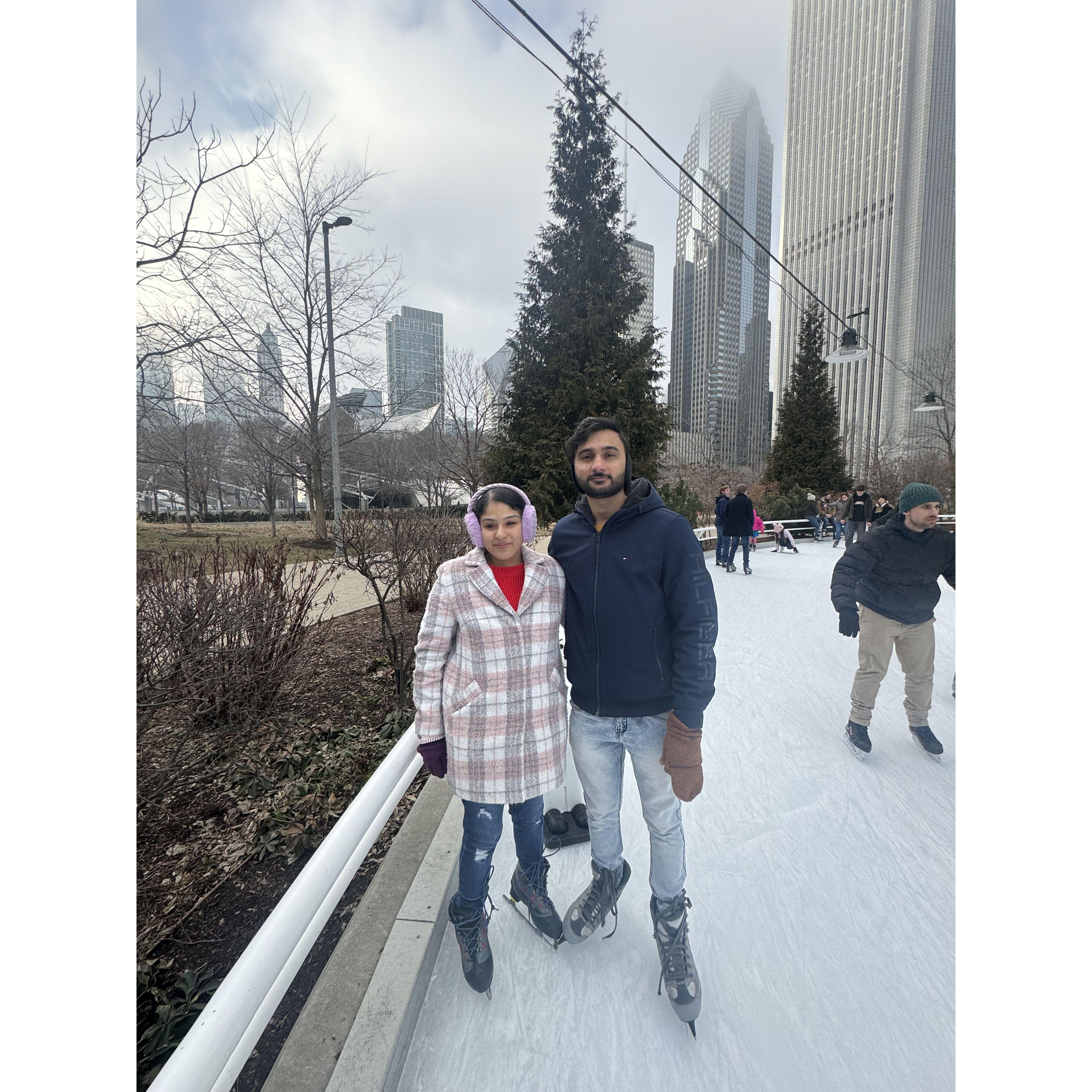 We glide hand-in-hand across the icy rink in downtown Chicago, surrounded by twinkling holiday lights and the magic of winter’s first snowfall.