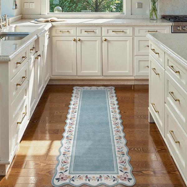 Ariele Washable Vintage Floral Scalloped Dusty Blue Rug, 2x8