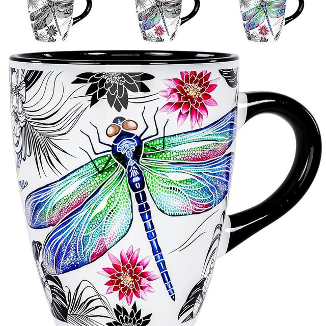 Color Changing Dragonfly Coffee Mug 12oz – Heat Sensitive Ceramic Cup with Floral Reveal – Dragonfly Gifts for Women, Unique Coffee Mugs, Christmas Holiday Gift, Perfect for Coffee, Tea or Cocoa