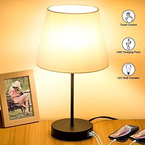 Touch Control Table Lamp, 2 USB Charging Ports, 3 Way Dimmable Bedside Nightstand Lamp, Fabric Shade Modern Desk Reading Lamp for Bedroom Living Room Dorm 6W 2700K E26 LED Edison Bulb Included