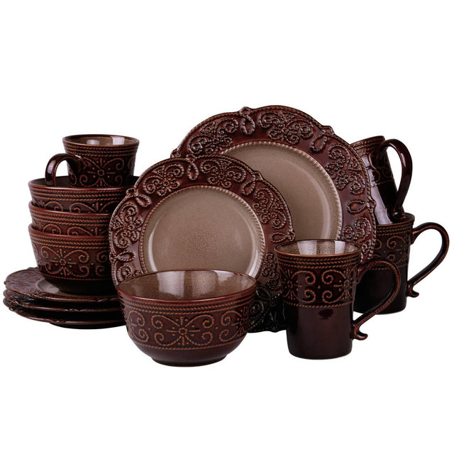 16pc Stoneware Antique Elegance Embossed Dinnerware Set Brown - Elama: Microwave & Dishwasher Safe, Service for 4