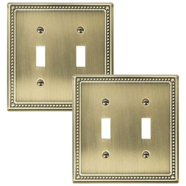 TREEWELL 2-Pack Double Toggle Light Switch Cover Plate, Pearls Decorative Dual Switch Plate Covers, Antique Brass 2 Gang Metal Wall Plate, Corrosion Resistant