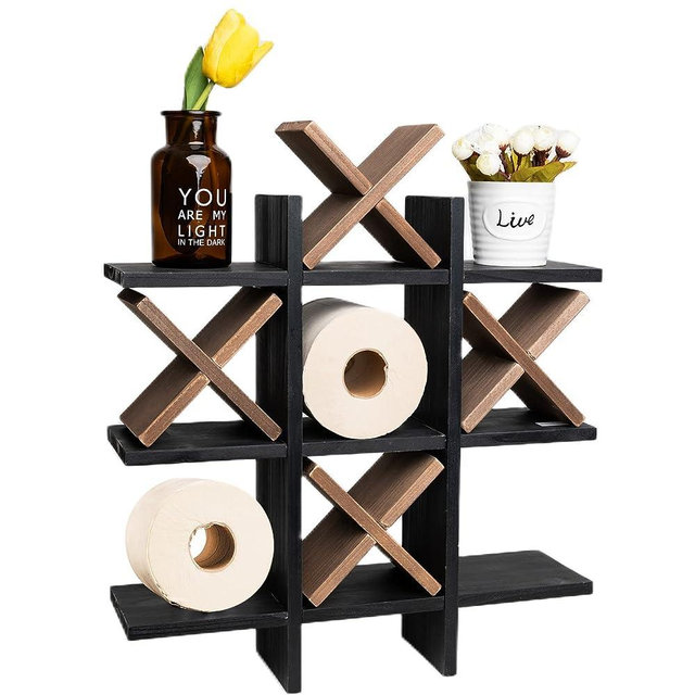 GENMOUS Handmade Tic Tac Toe Toilet Paper Holder Stand with 4pcs Wooden X, Funny Wall Mounted Toilet Papers Storage with Shelf, Farmhouse Toilet Paper Roll Storage for Guest Bathroom or Toilet Décor