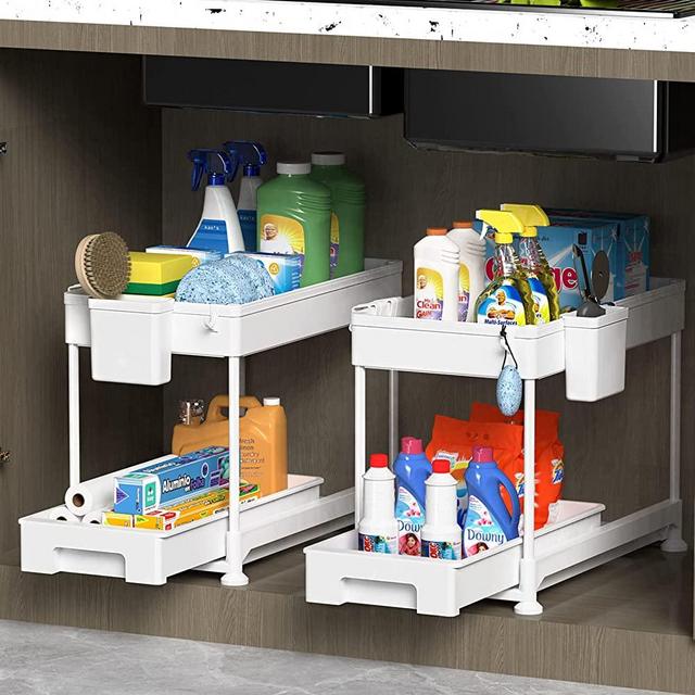 SAKA 2 Pack Sliding Cabinet Basket Organizer Drawers, Multi-Purpose Under Sink Organizers and Storage for Bathroom Kitchen Under Bathroom Sink Organizer with Hooks The Bottom Can Be Pulled Out, White