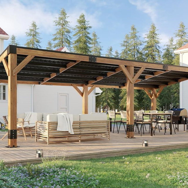 AMERLIFE 10 x 20 FT Spruce Wood Hardtop Gazebo with Sloped Galvanized Steel Roof, Heavy Duty Outdoor Pergola with Bar Shelf for Grill, BBQ, Patio, Backyard, Garden