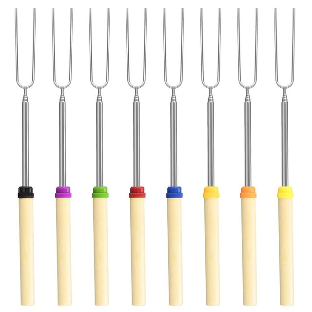 8 Pack Marshmallow Roasting Sticks Set, Extendable 32in Long Metal Barbecue Skewers with Wooden Handle, for Marshmallow, Hot Dogs, Camping, BBQ, Grill(8 Pack)
