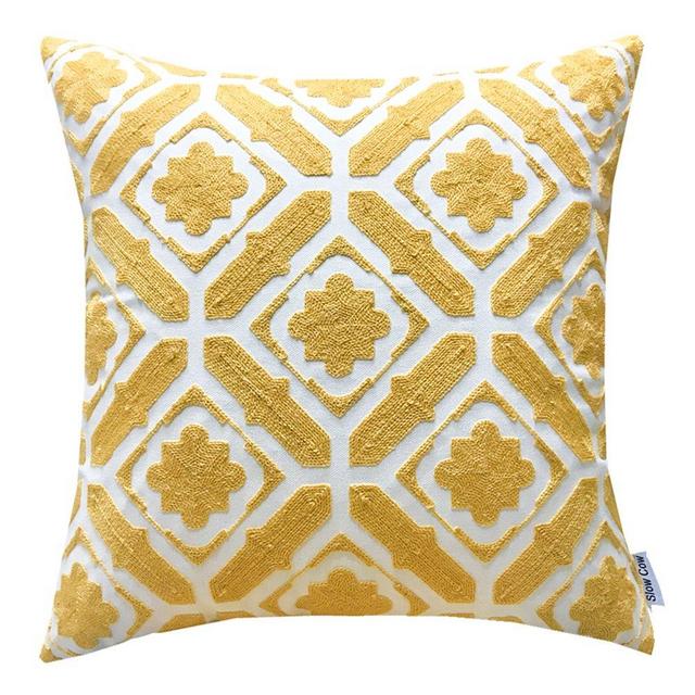 SLOW COW Cotton Embroidered Cushion Cover Floral Pattern Designs Throw Pillow Cover 18x18 Inch Yellow