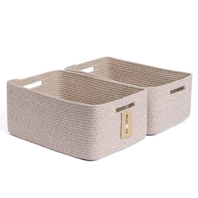 MiniArk Large Storage Baskets for Shelves, Closet Organizers Bins for Clothes Blanket Towels, Baby Nursery, Toy Baskets Box, Woven Rope Baskets, 17 x 13 x 7.5”, 2 Packs Mixed Brown