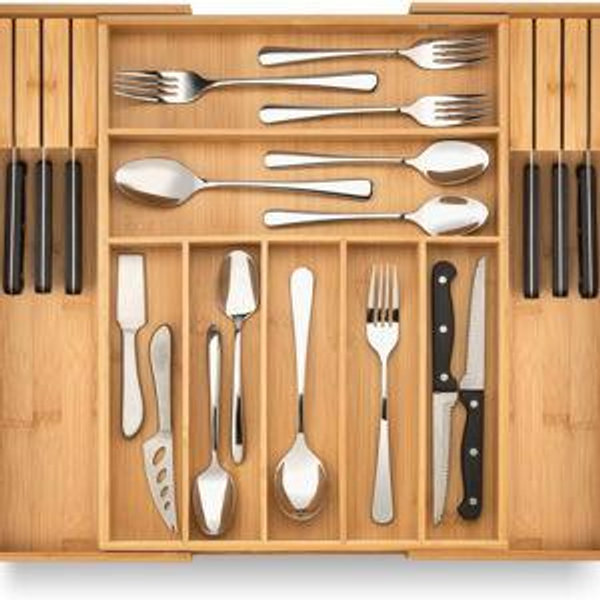Bamboo Drawer Organizer with Knife Blocks - Silverware Organizer & Utensil Drawer Organizer, Cutlery Tray with Dividers, 7-9 Slots- Premium Kitchen Organizer for Utensils & Flatware (Natural)