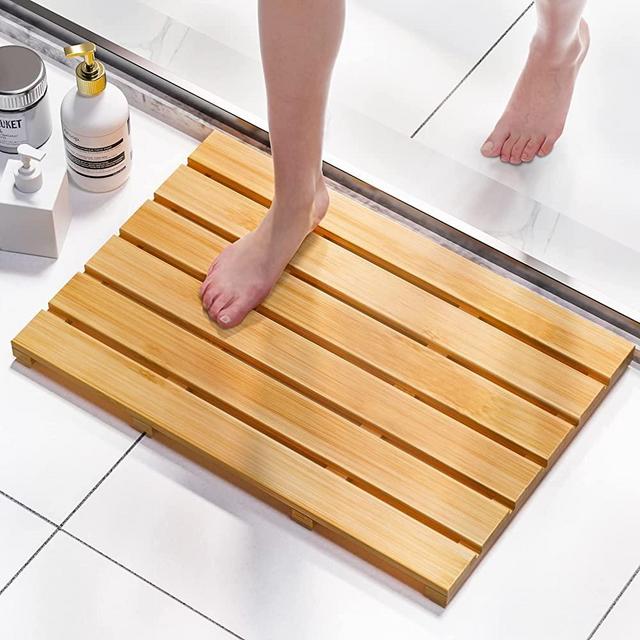 Domx Bamboo Bath Mat for Bathroom - Bamboo Shower Mat Non Slip Waterproof Wooden Bath Mats Wood Shower Floor Mat for Doorway Sauna Spa Yard Patio Pool Outdoor Use (Natural, 21.26 x 14.17 x 1.3 Inches)