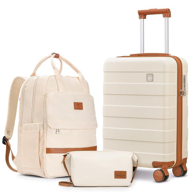 imiomo 20 Inch Carry Luggage 3 Piece Set - Hard Shell Carry On Suitcase with TSA Lock Spinner Wheels Lightweight Travel Backpack for Men Women (White)