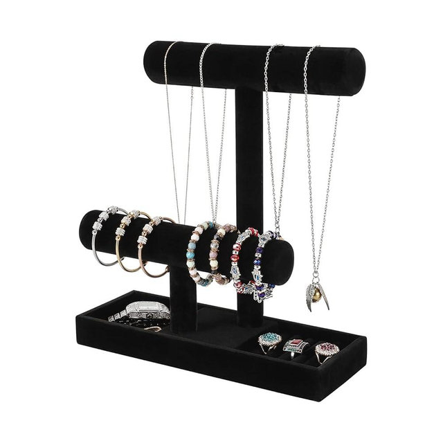 ByKen Necklace Holder,Bracelet Holder,Jewelry Organizer Stand with Earrings Rings Tray,Jewelry Holder for Scrunchie Watches (Black Velvet)