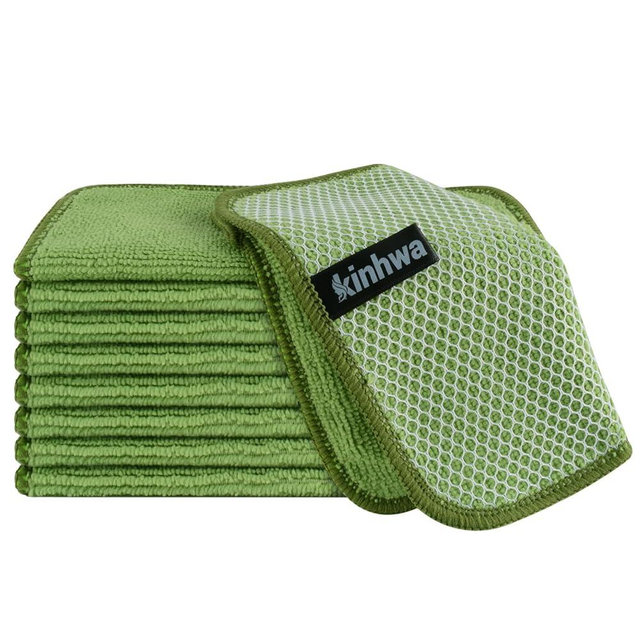 KinHwa Kitchen Washcloths for Dishes Absorbent Microfiber Dish Cloths Quick Dry Dish Rags with Poly Scour Scrub Side Ideal for Kitchen Cleaning and Housekeeping (Green, 7inch X7inch 9Pack)