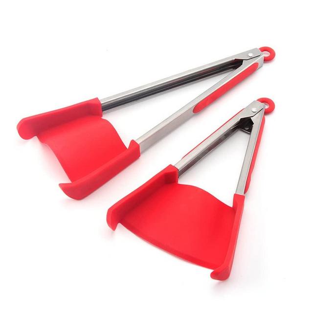 Goodful 2 Piece Red Silicone & Stainless Tong Utensil Set Kitchen Cooking  New