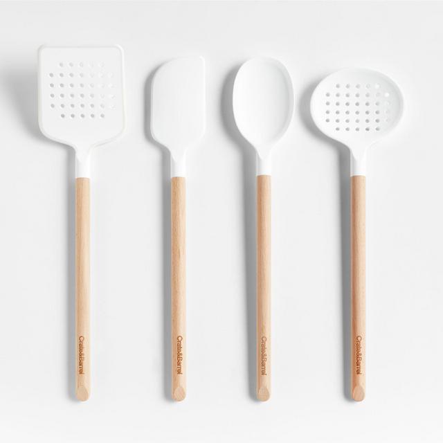 Crate & Barrel White Silicone and Wood Utensils, Set of 4