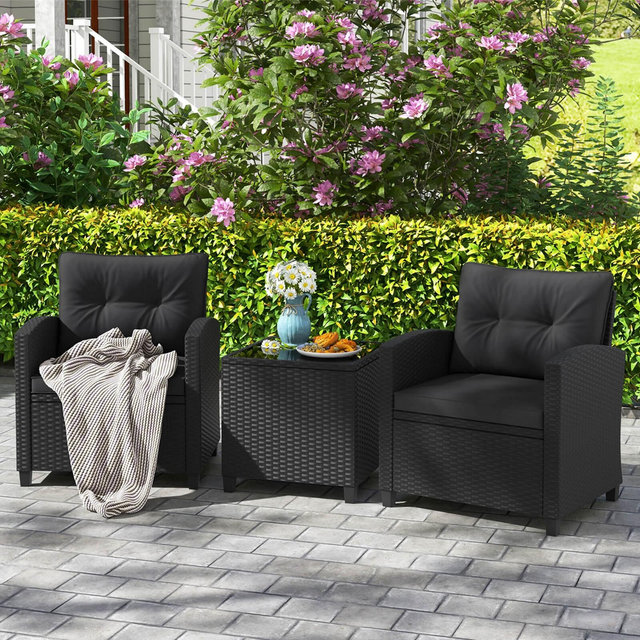Costway 3 PCS Patio Furniture Set with Tempered Glass Coffee Table Washable Cushions Black