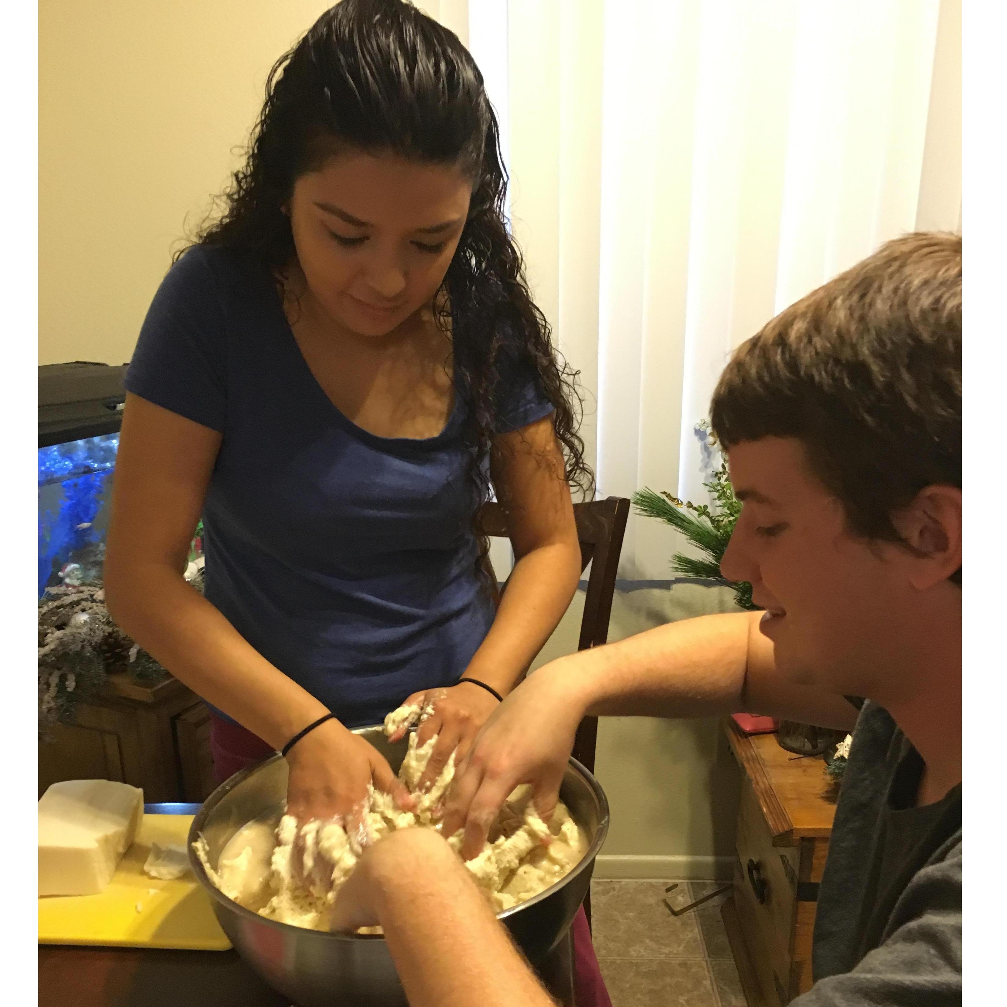 Helping my mom make tamales and although my family and I do this every year Liam managed us "Michelle this one doesn't have cheese!" 
"Jackie less carne"