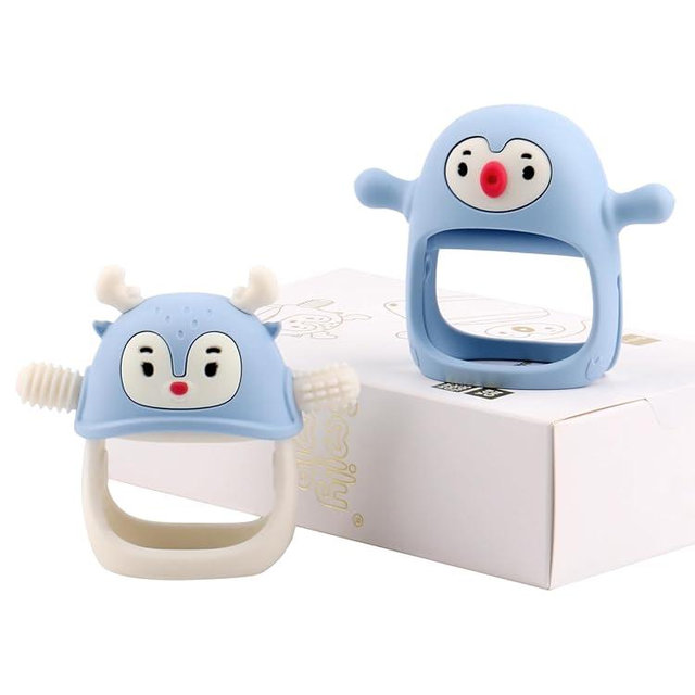 Smily Mia 2 Packs Baby Teething Toy for 0-6 6-12 Months, Food Grade Silicone Teething Mitten, Anti Dropping Wrist Hand Teethers Baby Chew Toys for Sucking&Chewing, BPA Free, Light Blue