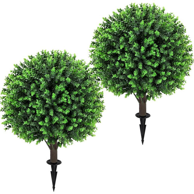 Artificial Green Eucalyptus Topiary Ball Tree 24" with Ground Spike, Set of 2 Artificial Boxwood Bushes for Faux Shrubs, Fake Evergreen Faux Plant for Indoor Outdoor Garden -UV Resistant–Fade-Proof