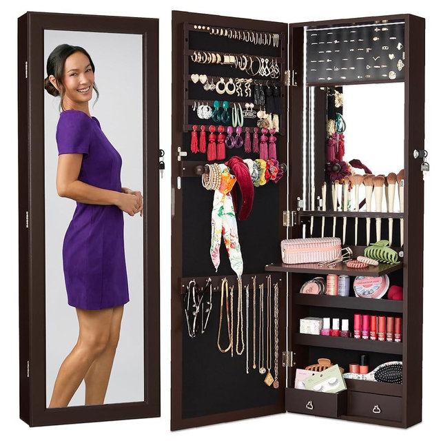 Best Choice Products LED Mirror Jewelry Cabinet, Tall Lockable Wall or Door Mounted Jewelry Armoire Organizer with Mirror, 2 Drawers, Lock, Cosmetic Tray, Shelves - Espresso