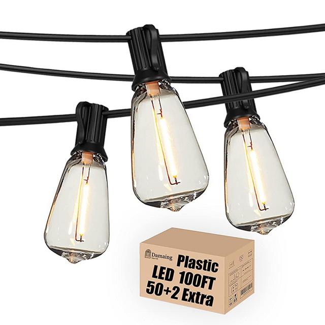 Outdoor String Lights LED 100 FT Patio String Lights,52 ST38 Shatterproof Edison Style LED Bulbs,Vintage Plastic String Lights Waterproof for Bistro Gazebos Backyard Balcony Porch.