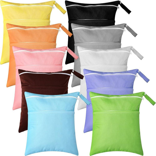 Woanger 10 Pack Wet Dry Bags for Baby Cloth Diapers Waterproof Reusable Travel Bags with Two Zippered Pockets Pool Beach Pouch for Swimsuit Beach Pool Daycare Yoga Gym Dirty Wet Clothe (Vivid Color)
